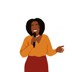 Black Woman with Afro Hair Holding a Microphone While Speaking or Singing in a Minimalist Art Style
