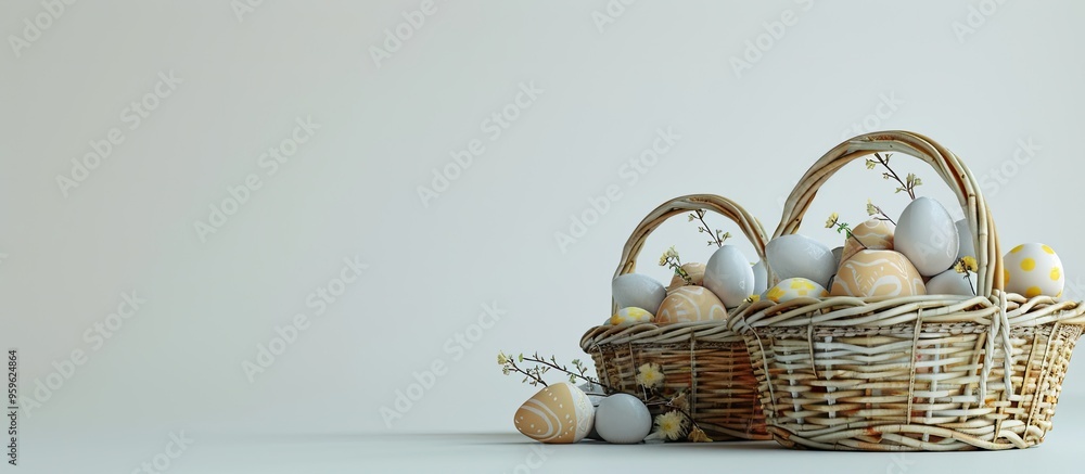Poster easter bunny baskets filled with eggs on a plain white background. copy space image. place for addin