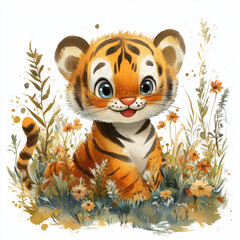 A baby tiger in a meadow of wildflowers isolated on a white background