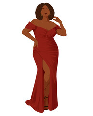 Illustration of a plus-size Black woman in a stylish dress, celebrating confidence and elegance, perfect for fashion, beauty, and lifestyle content.