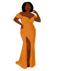 Illustration of a plus-size Black woman in a stylish dress, celebrating confidence and elegance, perfect for fashion, beauty, and lifestyle content.
