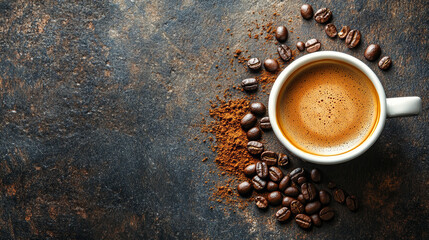 Obraz premium A close-up of a coffee cup, beans, and ground coffee on a stone surface. There's plenty of space for you to add your own words.