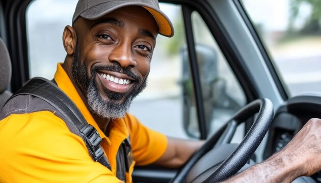 Happy professional truck driver enters compartment, drives his truck and looks at camera，Embracing Labor Day Spirit. Cultural Inclusivity in Transportation Industry. 4K Wallpaper for End-of-Season Lo
