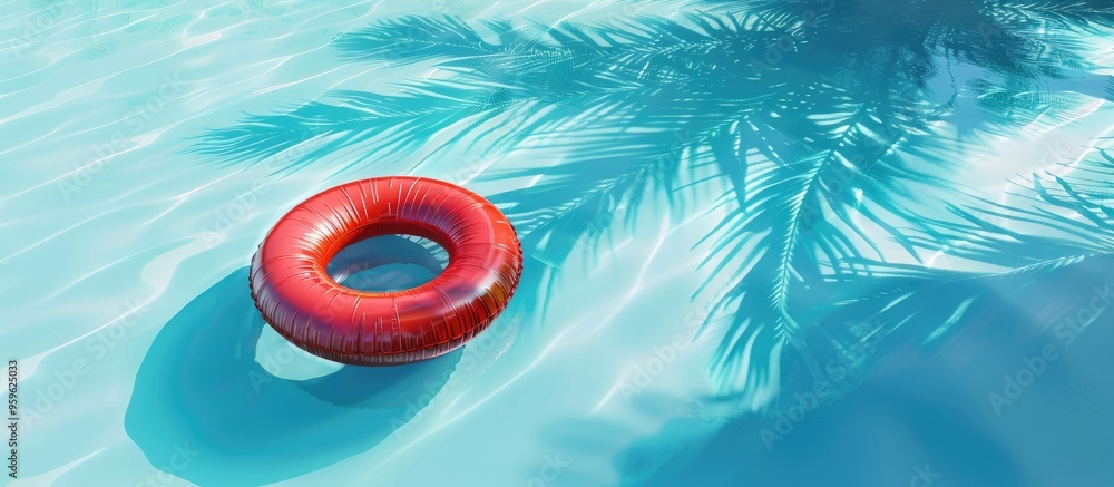 Poster red pool float ring drifting in a cool blue swimming pool with the shadow of a coconut tree copyspac