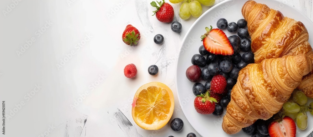 Poster breakfast featuring croissants and fresh fruits top view. copy space image. place for adding text an