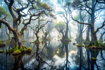 Foggy Swamp with Gnarled Trees