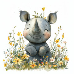 Obraz premium A baby rhino in a meadow of wildflowers isolated on a white background