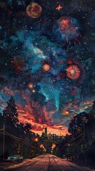 Fototapeta premium city and the sky adorned with spectacular fireworks illustration poster background 