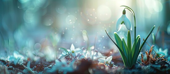 Obraz premium Close up of white snowdrops Galanthus nivalis against a blurred background with copy space macrophotography Snowdrops bloom in the forest during spring