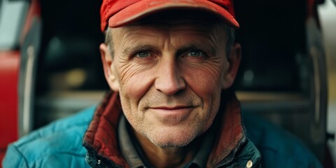 Obraz premium Happy professional truck driver enters compartment, drives his truck and looks at camera，Embracing Labor Day Spirit. Cultural Inclusivity in Transportation Industry. 4K Wallpaper for End-of-Season Lo 