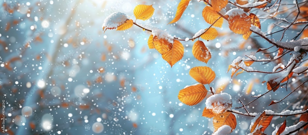 Canvas Prints creative layers of winter and fall snow resting on autumn branches adorned with yellow leaves concep
