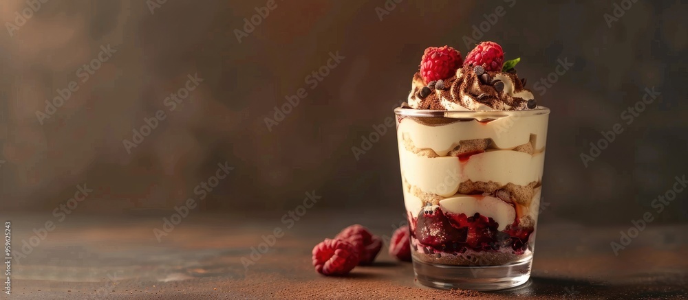 Poster tiramisu dessert served in a glass tiramisu cream topped with raspberry and chocolate. copy space im