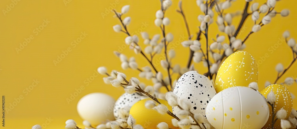 Aufkleber yellow and white easter eggs on a yellow backdrop alongside a bouquet of willows. copy space image. 