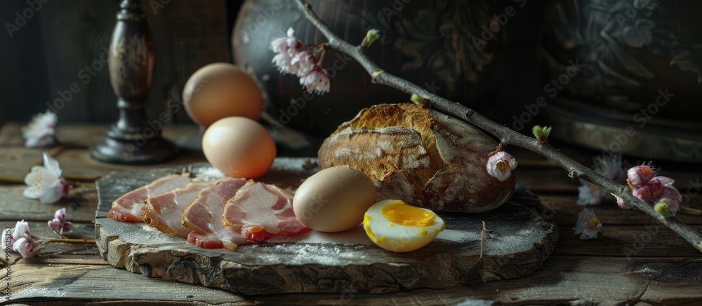 Poster pork eggs a slice of bread and horseradish with catkin twigs on an aged wooden table. copy space ima