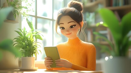 3D cartoon-style, The side view of a woman sitting at a cafe table looking at her smartphone and smiling, minimalist and clean design, cheerful and bright colors, easily recognizable shape, detailed 