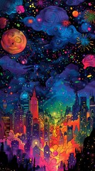 Obraz premium city and the sky adorned with spectacular fireworks illustration poster background 