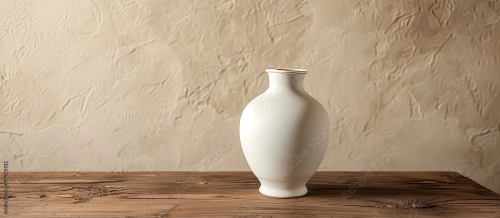 Poster white ceramic vase on a brown wooden table with a beige wall in the background. copy space image. pl