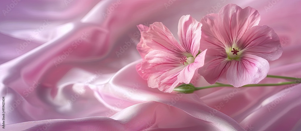 Poster Natural pink geranium flower on a pink silkie background photograph with copy space for your own text