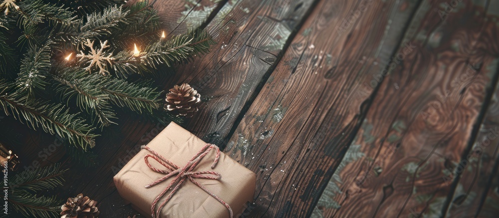 Poster vintage gift box alongside a christmas tree on a rustic wooden surface. copy space image. place for 