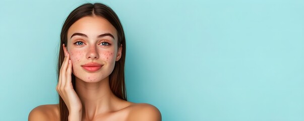Young woman with acne on blue background. Skincare and dermatology concept. Beauty treatment. Studio portrait for banner, advertisement with copy space