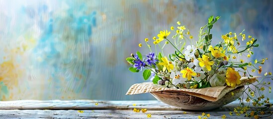 Passover background featuring a spring flower bouquet in a matza box with copyspace Happy Passover Spring Festive season greeting card Arrangement for Jewish holidays