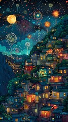 Obraz premium city and the sky adorned with spectacular fireworks illustration poster background 