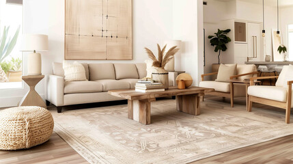 Spacious living room interior design with a large wool area rug, natural wood accents, and a low-profile sofa in soft taupe, evoking refined comfort.