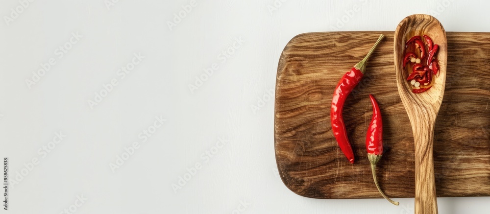 Poster the red chili in a wooden spoon rests on the cutting board against a white background. copy space im