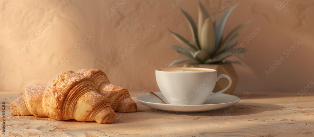 Poster sugar croissant and cafe latte. copy space image. place for adding text and design