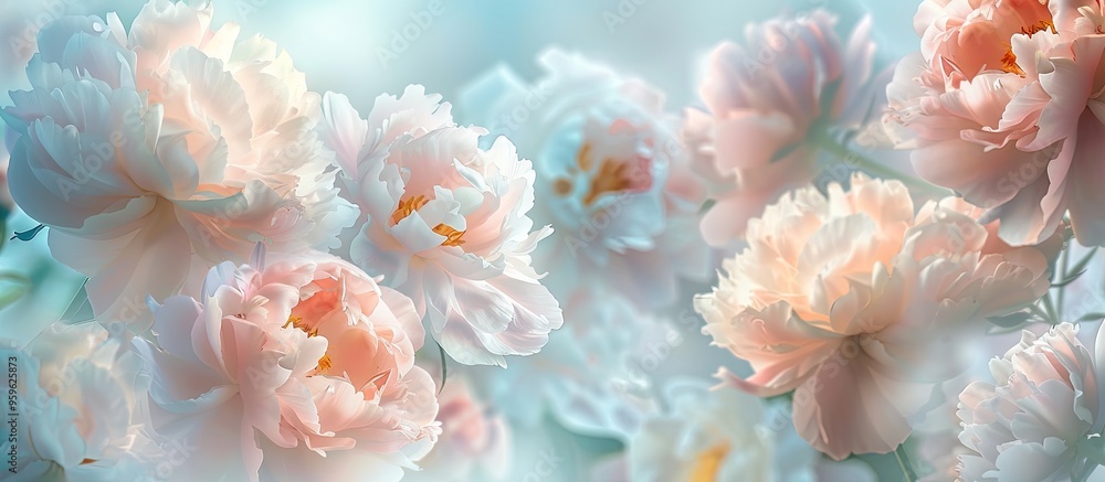 Poster collage of summer blooming peonies floral background with soft and pastel hues. copy space image. pl