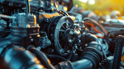 Close-up View of a Dark Diesel Engine Highlighting the Fuel Injection System, with Emphasis on Diesel Motor Elements and a Background Featuring an In-Depth Fuel Supply Setup.
