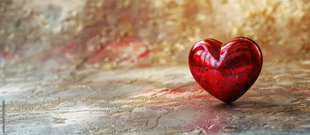 Poster red metallic heart set against a softly romantic faded background. copy space image. place for addin