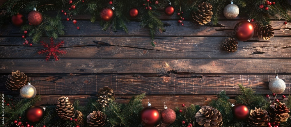 Poster christmas backdrop featuring decorations on a wooden surface. copy space image. place for adding tex