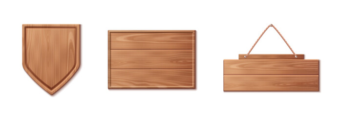 3d wood texture sign board. Wooden plank frame for saloon. Realistic vintage nail bar for text in game. Timber ui interface pointer template icon set. Empty hanging on rope plain banner design