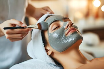 Young woman receiving clay facial mask in spa salon. Beauty treatment and skincare procedure concept. Wellness and relaxation. Banner, advertisement. Close-up portrait