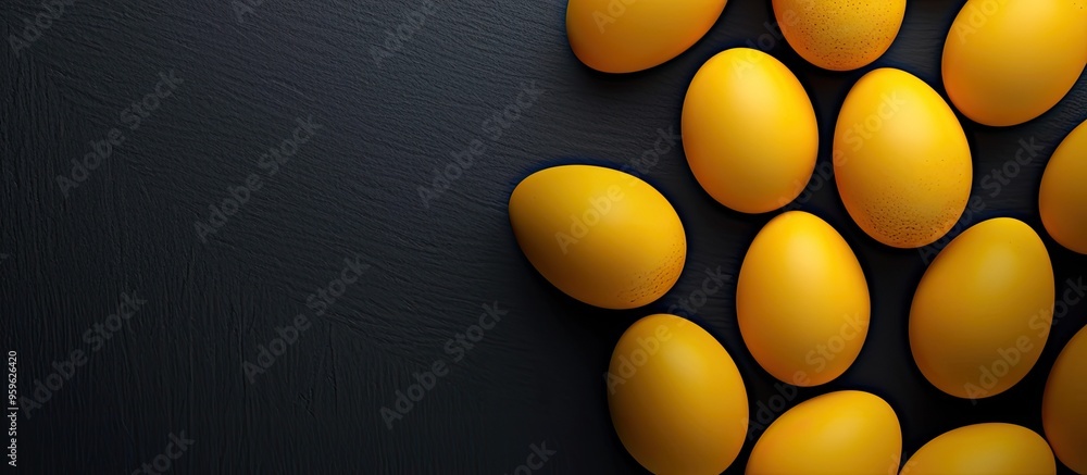 Poster yellow easter eggs on a black background celebrating the easter theme festive backdrop top view. cop