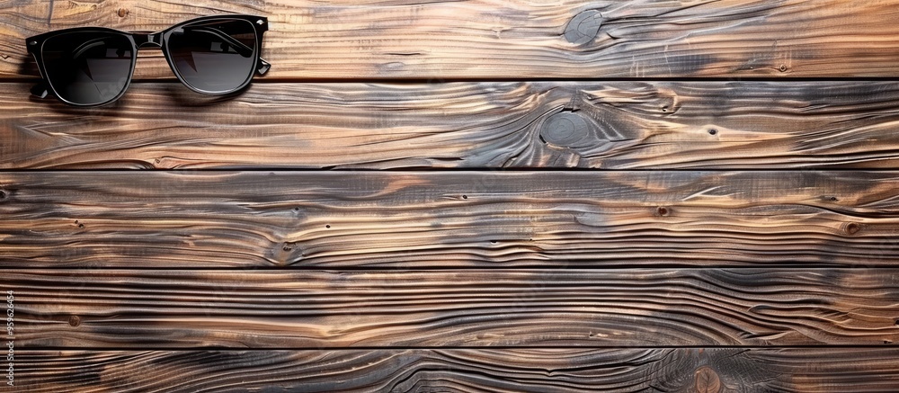 Poster pin wood and sunglasses on a wooden background top view. copy space image. place for adding text and