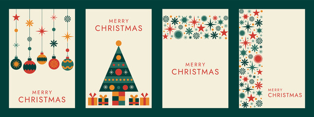 Modern Christmas card set with geometric tree and ornaments