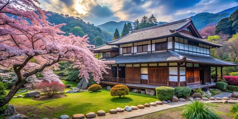 Obraz premium a photo image of a serene traditional Japanese country house surrounded by lush greenery and blooming cherry blossom trees