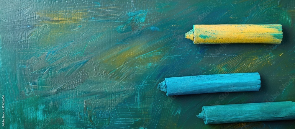 Aufkleber blue and yellow chalk on a green blackboard. copy space image. place for adding text and design