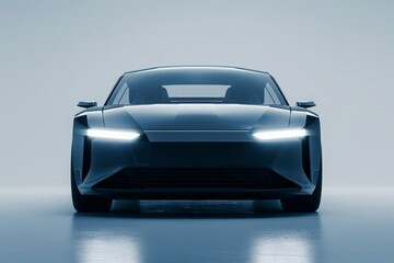Front view of a generic and brandless modern car, camera positioned directly in front of the car, capturing the entire frontal area