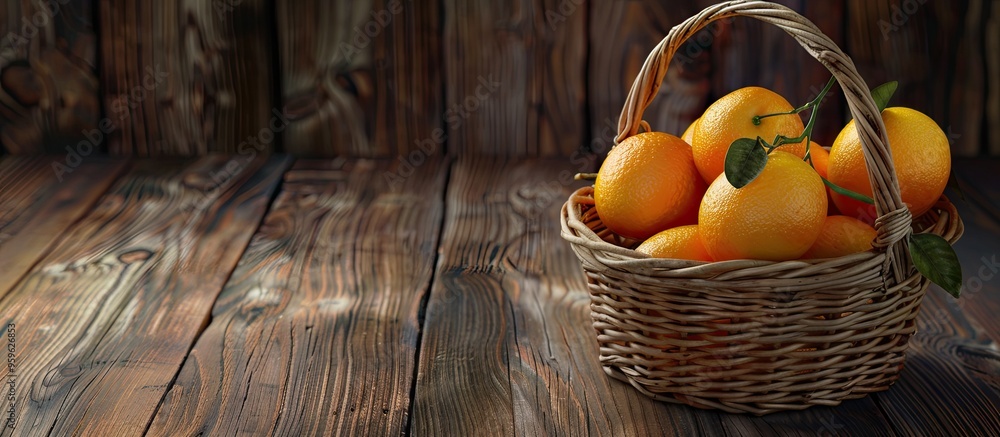 Poster oranges in a classic basket on a wooden floor. copy space image. place for adding text and design