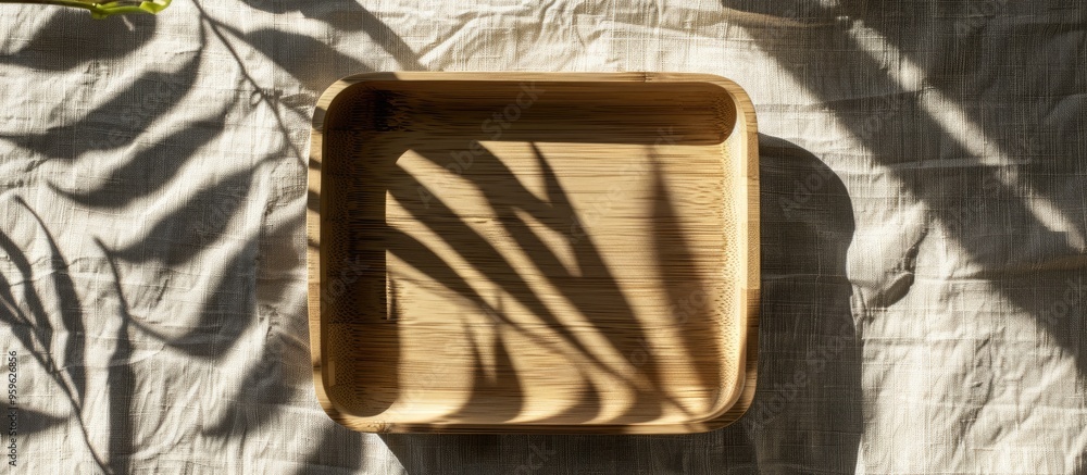 Poster a blank wooden tray is neatly placed on a linen tablecloth illuminated by sunlight and adorned with 