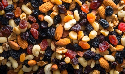 Pile of different nuts mix with dried fruit background , Generative AI