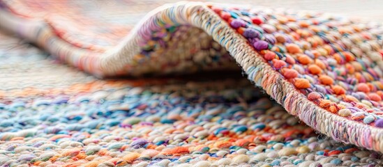 Front and back sides of a pastel multi colored rug featuring a patterned canvas with a beige base and vertical cotton rows Close up of the textile material s carpet texture Concept of textures