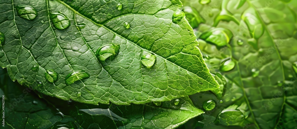Poster green leaf surface with water droplets. copy space image. place for adding text and design