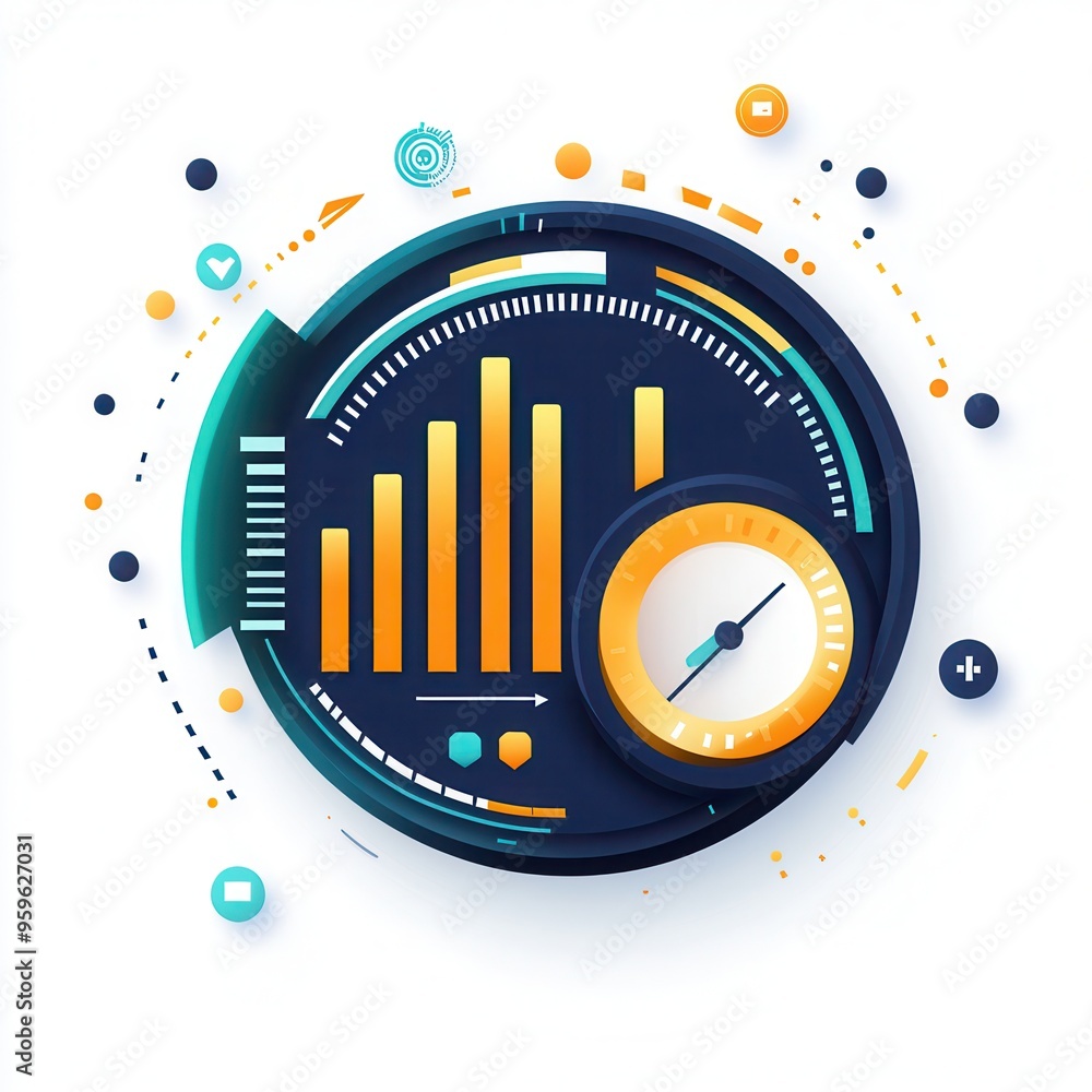 Poster colorful graphic illustration of data analytics and performance metrics with charts and a gauge on a