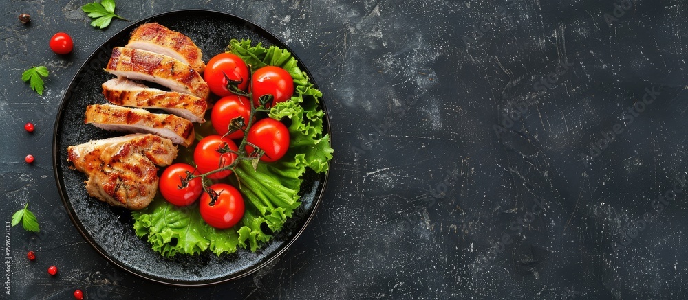 Poster homemade japanese style pork cutlet accompanied by cherry tomatoes and lettuce. copy space image. pl