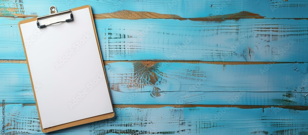 Poster a4 sized clipboard on a blue wooden table with natural morning light the background features a blank