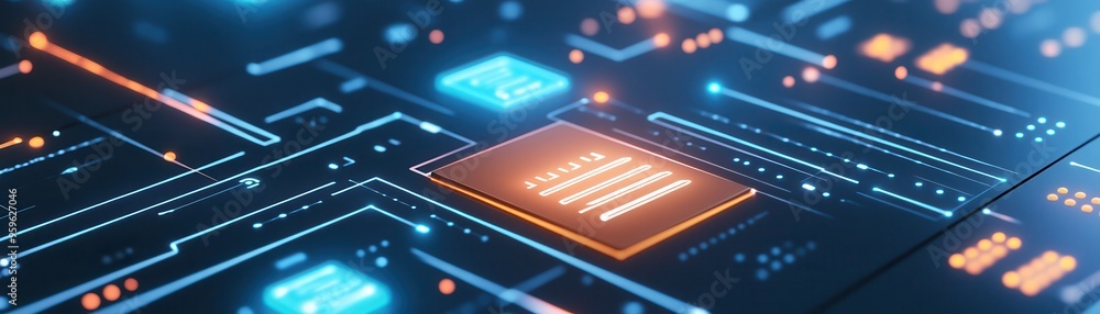 Poster close-up of a futuristic digital circuit board with glowing microchips, illustrating advanced techno